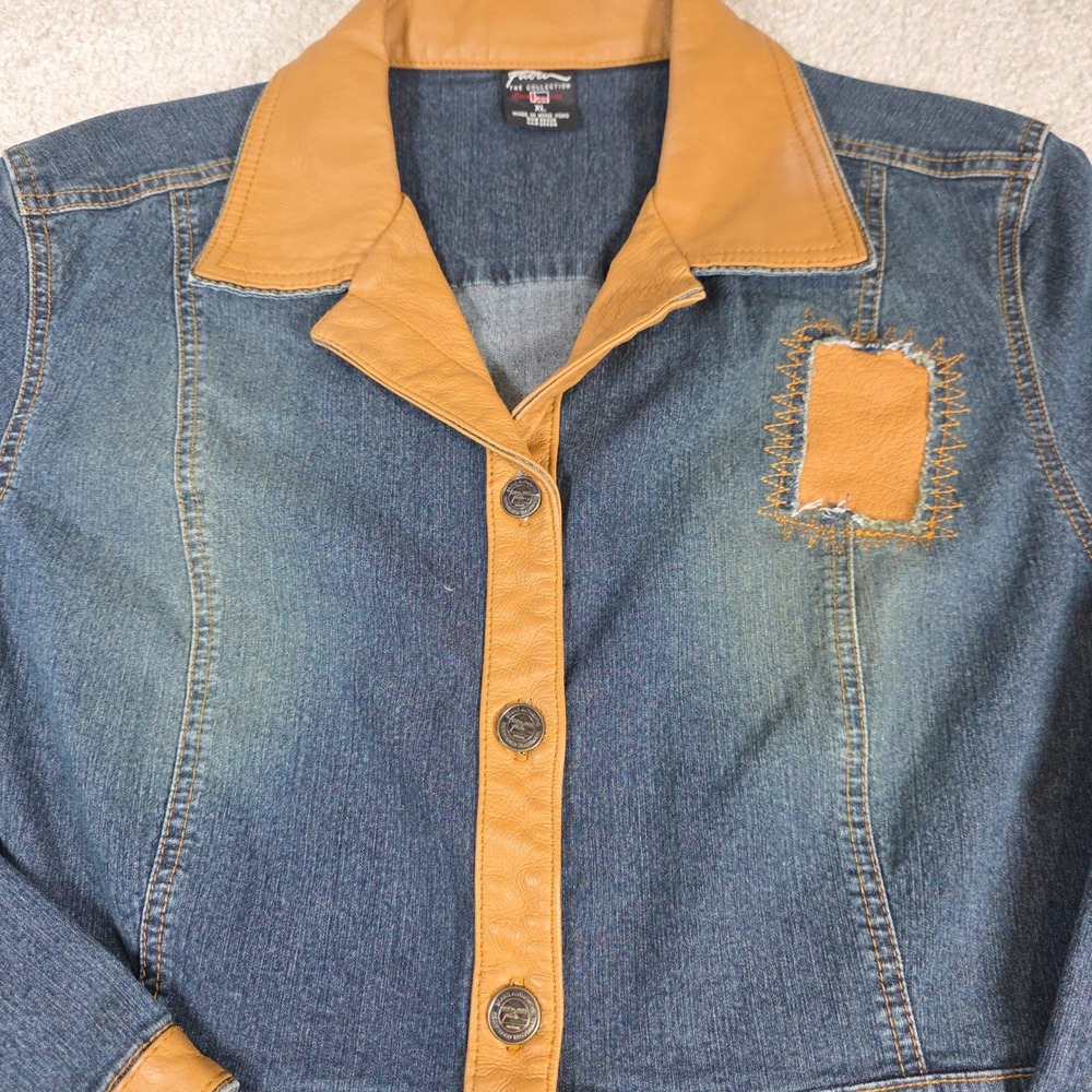 FUBU Denim Long Coat Womens XL Blue Tan Patchwork Faux Leather Trim Vintage Y2K